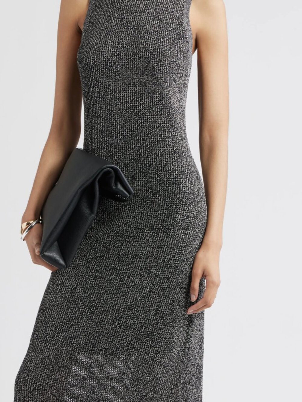 Grey and black marled ribbed knit sleeveless sheath dress